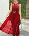 Women's Round Neck Rhinestone Sheer Mesh Sleeveless Jumpsuit with Belt, High-Waist Skinny Fit
