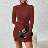 Knitted Turtleneck Bodycon Mini Dress – Long Sleeve Ribbed Sheath for Autumn Winter Parties and Streetwear