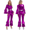 Women's 70s Disco Metallic Jumpsuit – Retro Hippie Bell-Bottom with Tiered Flare Sleeves, Back-Zip Party Costume