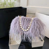 Luxy Moon Faux Fur Evening Bag with Pearl Chain and Long Tassel Plush Shoulder Tote Wedding Handbag