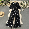 Women's Bohemian Polka Dot V-Neck Wide Leg Jumpsuit with Dolman Sleeves and High Waist