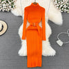 YUOOMUOO Turtleneck Wrap Midi Knit Sweater Dress with Belt - Long Sleeve Bodycon, Autumn/Winter, One Size