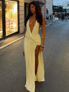 Sisterlinda Halter Deep V-Neck Backless Ruched High-Slit Ankle-Length Dress - Sleeveless Summer Party