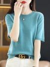 Women's Short-Sleeve Knit O-Neck Pullover - Wool-Cotton Blend Lightweight Summer Top