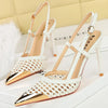 Woven Hollow Pointed-Toe Stiletto Pumps for Women – 9.5 cm (3.7 in) Buckle High Heels, Summer Party Sandals