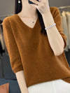 Women’s V-Neck Merino Wool Half-Sleeve Pullover – Lightweight Spring/Summer Knit Top