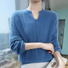 Women's Mink Cashmere V-Neck Sweater Padded Knit Lantern Sleeve Pullover – Autumn Winter