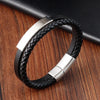 Men's Black Genuine Leather Double-Layer Braided Bracelet with Stainless Steel Accent – Sizes 18.5/20.5/22 cm (7.3/8.1/8.7 in)