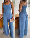 Women's Spaghetti Strap High-Waist Wide-Leg Jumpsuit with Shirred Back and Waist Buckle – Casual Ankle-Length Romper