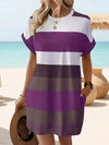 Plus Size Striped Knee-Length Dress with Roll-Up Sleeves and Pockets, Casual Comfortable Dress for Women