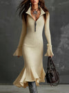 Women’s Knitted Fishtail Midi Dress – Slim Fit Lapel Collar, Flared Full Sleeves – Autumn Winter Solid