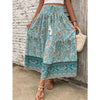 Plus Size A-Line Bohemian Maxi Skirt Green Floral Pleated Elastic Waist (1XL-5XL)
