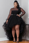 Plus Size Ruffle Tulle Evening Dress Sheer Round Neck Long Sleeve High-Low Cocktail Gown (0XL-5XL)