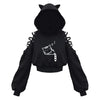 Y2K Gothic Women's Cat Ear Crop Hoodie Lace-Up Hollow-Out Long Sleeve Pullover