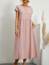 Women’s Vintage Cotton-Linen O-Neck Short Sleeve Maxi Dress – Casual Loose Pleated Summer Sundress