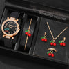 6-Piece Red Women’s Watch & Cherry Jewelry Gift Set – Minimalist Quartz Watch with Leather Strap