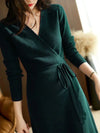 Women's Autumn Winter V-Neck Knit Wrap Dress — Korean Style Elegant A-Line Midi Sweater Dress