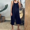 Plus Size Women's Cotton-Linen V-Neck Loose Jumpsuit — Button Bib Overalls, Wide Leg Casual Romper