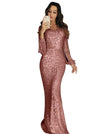 Women's Long Sleeve Tassel Sequin Floor-Length Evening Gown - Slim Sheath Dinner Dress