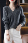 Women's V-Neck Loose Knit Pullover Sweater - Solid Soft Warm One Size, Autumn/Winter Casual