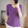 Women's V-Neck Short Sleeve Knit Top - Slim Casual Korean Pullover for Spring/Summer (Poly Cotton)