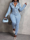Women's Slim Long Sleeve Denim Jumpsuit with Turn-Down Collar and Tassel - Casual Blue