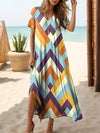 Women's Summer Boho V-Neck Printed Split Ankle-Length Dress Loose Resort Beach Evening