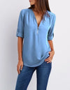 Women's Summer Loose Chiffon Blouse Deep V-Neck Zipper Pullover Casual Plus Size