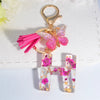 Pink Dried Flower Resin Initial Keychain with Butterfly Tassel A-Z Letter Keyring for Women Valentine's Gift