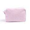 Seersucker Ruffle Makeup Bag — Pink & Purple Striped Zipper Pouch for Travel & Toiletries