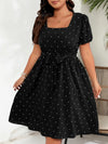 Plus Size Square Neck Polka Dot Belted A-Line Dress with Puff Sleeves High-Waist Summer Dress