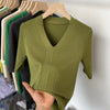 Women's Short Sleeve V-Neck Slim Fit Knit Sweater - Korean-Inspired Pullover Top