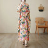 Women's Cotton-Linen Ankle-Length Floral Maxi Dress, Vintage Harajuku O-Neck Short Sleeve Beach & Streetwear