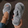 Women's Cross Furry Slide Slippers - Warm Fluffy Open-Toe Indoor Non-Slip Low Heel (1–3 cm / 0.4–1.2 in)