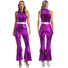 Women's 70s Disco Metallic Jumpsuit – Retro Hippie Bell-Bottom with Tiered Flare Sleeves, Back-Zip Party Costume