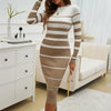 ITOOLIN Patchwork Striped Knit Midi Dress — Long Sleeve Slim A-Line Office Dress for Fall