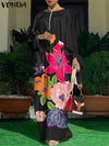 Plus Size Bohemian Satin Maxi Dress - Long Sleeve Floral Print, Lantern Sleeves, Ankle-Length