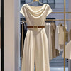 Elegant Satin Jumpsuit with Pile Collar and Wide Legs - European American Style for Women