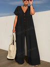 Women's V-Neck Single-Breasted Wide-Leg Jumpsuit with Pockets, Loose Oversized Office Casual