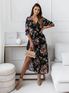 Women's V-Neck Retro Print Chiffon Knee-Length Dress Elastic Waist Side Slits 3/4 Sleeve A-Line