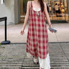 Women's Plaid Faux Two-Piece Suspender Dress – Retro Boho A-Line Mid-Calf Summer Dress