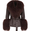 YOLOAgain Women's Genuine Sheepskin Leather Jacket with Real Fox Fur Detachable Collar & Sleeves - Belted Pockets, Autumn/Winter