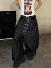 High-Waist Wide-Leg Baggy Jeans with Metal Buckle – Curved Vintage Street Style Denim for Women