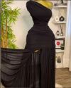 Elegant One-Shoulder Mesh Slit Maxi Dress for Women Asymmetric Neck Evening Party Dress