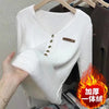 Women's Thick Velvet V-Neck Knit Pullover Slim Fit Lined Sweater Korean Style Winter Knitwear