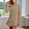 Women’s Winter Cable Knit Chiffon-Splice Round Neck Mini Dress – Casual Slim Fit