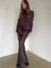 Julissa Mo One-Shoulder Patchwork Satin Maxi Dress Brown – Sleeveless Slim Evening Party Dress