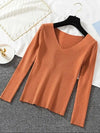 Women V-Neck Knitted Pullover Sweater — Slim Fit Long Sleeve One Size Autumn/Winter