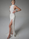 JULISSA MO Turtleneck High-Slit Maxi Dress - White Sleeveless High-Waist A-Line Summer Party Dress