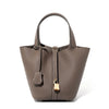 Genuine Leather Litchi-Texture Mini Bucket Shoulder Bag with Lock - Soft Tote Handbag for Women